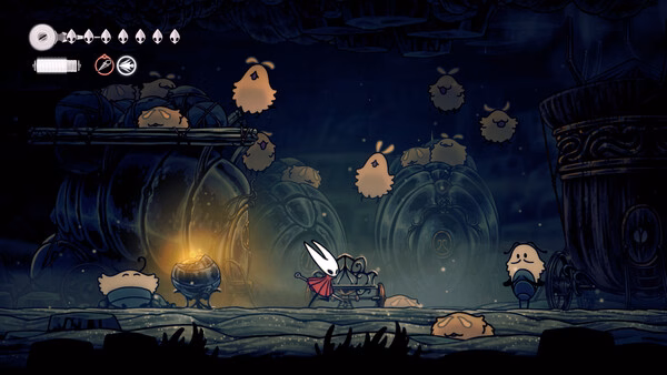 Screenshot from Hollow Knight: Silksong showing Hornet exploring a dimly lit area with fluffy creatures around.