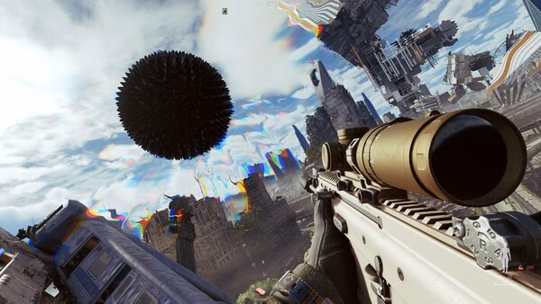 Screenshot from the game Active Matter showing a player aiming a rifle at a giant black sphere in a futuristic cityscape.