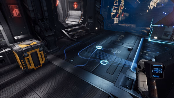 Screenshot from Escape Simulator 2 showing a futuristic spaceship interior with a yellow crate and glowing holographic symbols.