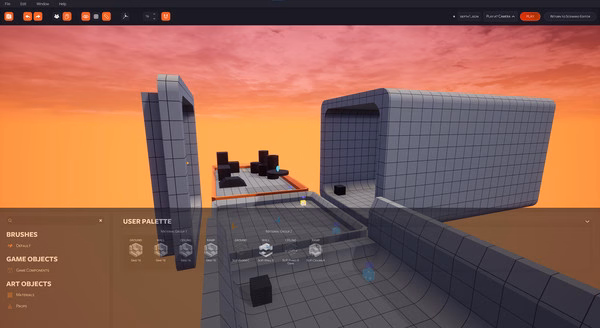 Screenshot from KovaaK's showing a training environment with grid-textured platforms and a sunset sky in the background.