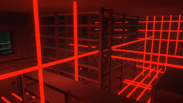 A screenshot from Unturned shows a dark room with shelves surrounded by bright red laser beams forming a grid-like pattern.