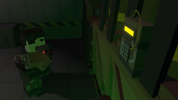 A screenshot from Unturned shows a character in camouflage aiming a weapon near a glowing keypad on a green-lit wall.