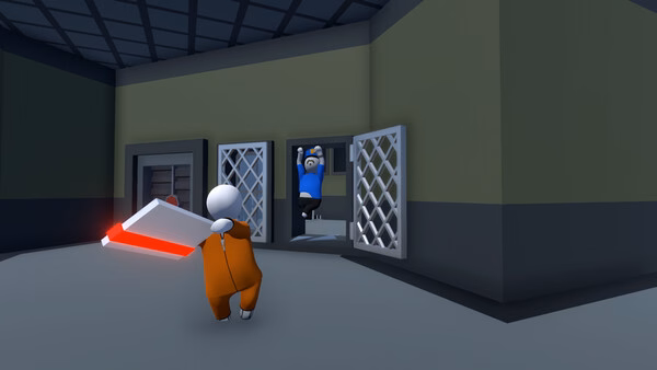 A screenshot from Human Fall Flat showing a character in orange holding a red object as another hangs from a window frame.