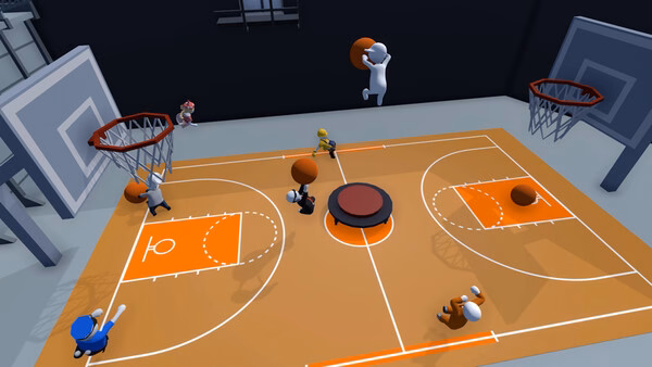 A screenshot from Human Fall Flat shows wobbly characters playing basketball on an orange court with a trampoline in the center.