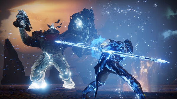 Destiny 2 screenshot: A glowing Guardian wields an electrified staff while facing a massive armored enemy under a fiery sky.
