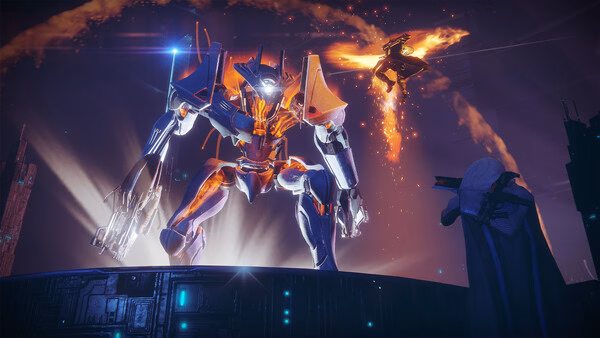 A Destiny 2 screenshot showing a Guardian facing a giant Vex boss with glowing eyes, as a ship flies in a fiery sky above.