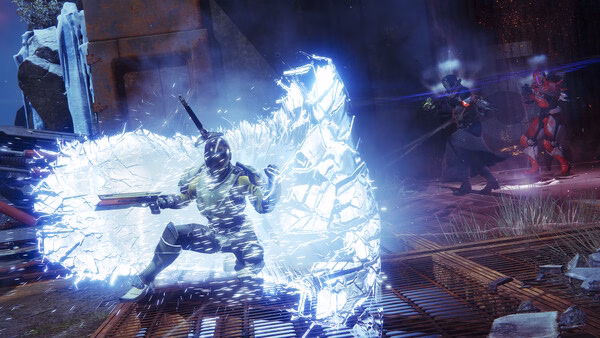 A Destiny 2 screenshot showing a Guardian using an ice-based ability while two enemies approach in the background.