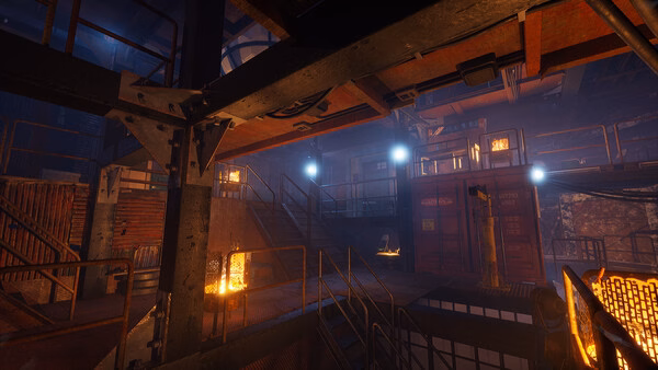 A screenshot from the game Permafrost showing an industrial facility with glowing lights, metal beams, and fiery orange highlights.