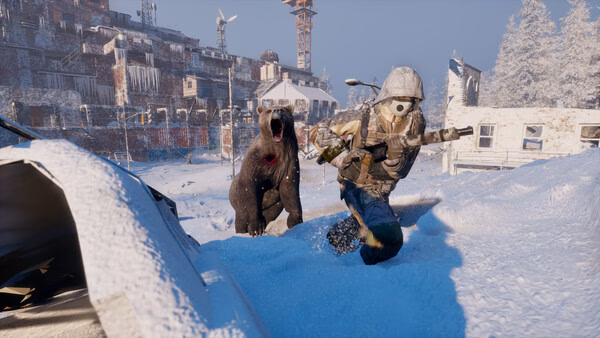 A Permafrost screenshot showing a player in snowy ruins fighting a bear, armed with a rifle amidst intense action.