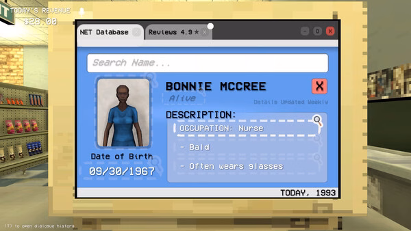 Shift At Midnight screenshot shows a computer database screen with Bonnie McCree's nurse profile.