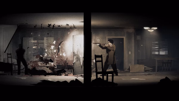 Silver Pines screenshot showing a man aiming a rifle in a dark, blood-splattered room.