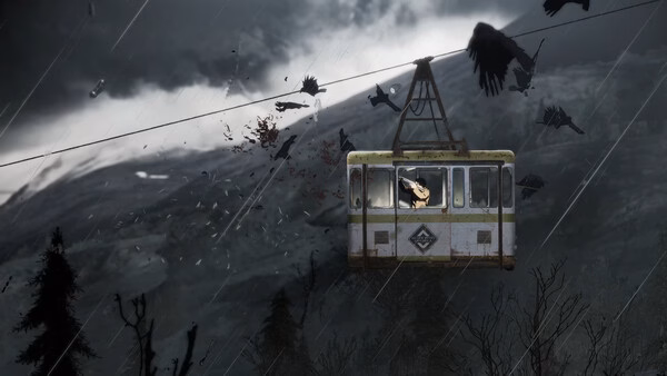 Silver Pines screenshot: survivor with gun in a damaged cable car amid attacking birds