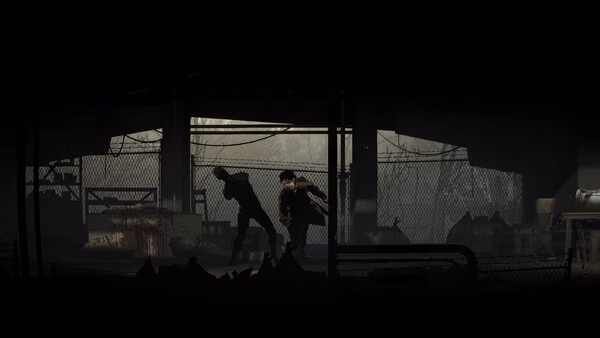 Silver Pines screenshot showing two silhouetted figures facing off in a dark industrial yard.