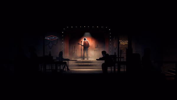 Silver Pines screenshot of a lone musician performing on a dimly lit bar stage under a spotlight.
