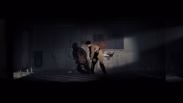 Silver Pines screenshot shows a man with a knife and a shadowy figure in a dark, bloody bathroom.