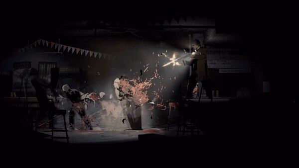 Silver Pines screenshot: a figure with a flashlight blasts a monstrous enemy amid blood splatter in a dark room.