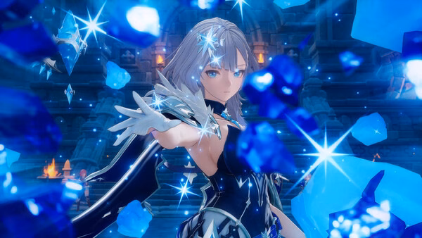 DragonSword : Awakening screenshot: a silver-haired female warrior surrounded by blue crystals.
