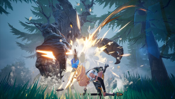 DragonSword : Awakening screenshot showing a hero battling a giant tree monster with explosive sparks.