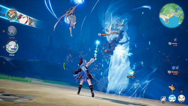 DragonSword : Awakening screenshot of a heroine in blue casting magic at a giant monster.