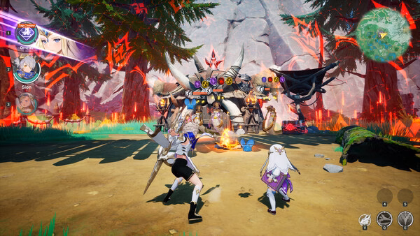 DragonSword : Awakening screenshot: two heroes face a horned beast boss by a campfire in a forest.
