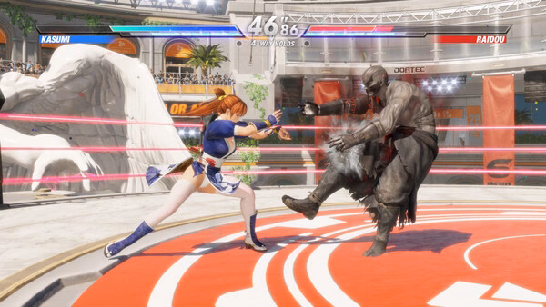 DEAD OR ALIVE 6 Last Round screenshot: Kasumi fights Raidou on a stage with health bars.