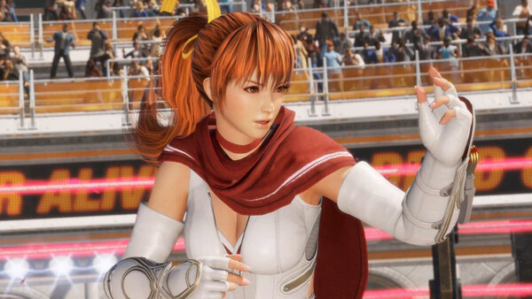 DEAD OR ALIVE 6 Last Round screenshot showing a female fighter in white outfit and red scarf posing in arena.