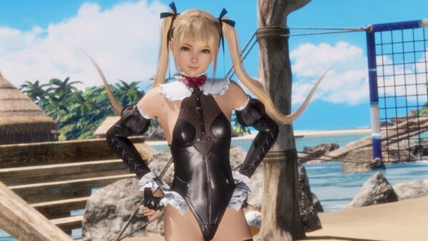 DEAD OR ALIVE 6 Last Round screenshot of a blonde twin-tailed woman in a black outfit on a beach volleyball court.