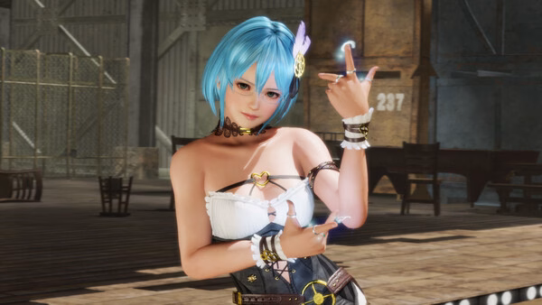 screenshot of DEAD OR ALIVE 6 Last Round with a blue-haired woman posing and making hand signs.