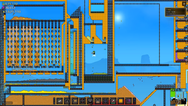 Sandustry screenshot showing a large yellow conveyor-belt factory above blue water.