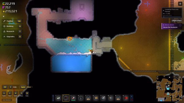 Sandustry screenshot showing a sprawling factory base with colored terrain zones and pipes on a dark map.