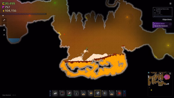 Sandustry screenshot of an orange island map with white machinery, a hotbar, and objectives.