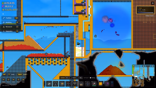 Sandustry screenshot showing conveyor belts, drills, and resource nodes in a 2D factory base.