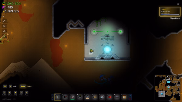 Sandustry screenshot showing a miner beside a glowing blue portal in a dark cave base