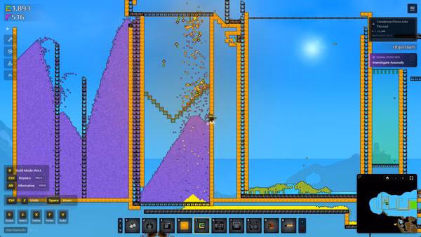 Sandustry screenshot showing purple sand falling onto conveyor belts amid factory machinery and UI panels.