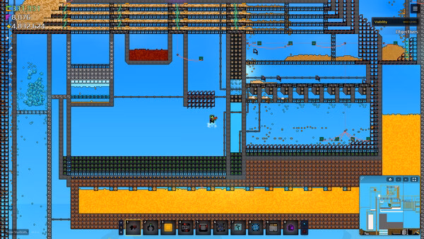 Sandustry screenshot of a large factory base with blue liquid, conveyor belts, pipes, and a tiny character.