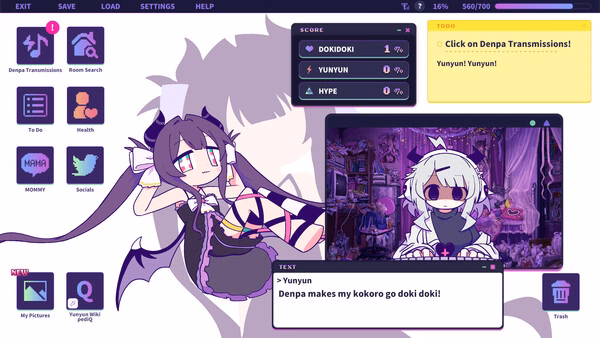Yunyun Syndrome!? Rhythm Psychosis screenshot showing a purple-haired anime girl with bat wings beside game UI panels.