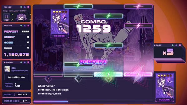 Screenshot of Yunyun Syndrome!? Rhythm Psychosis showing combo 1259 and PERFECT during rhythm gameplay.