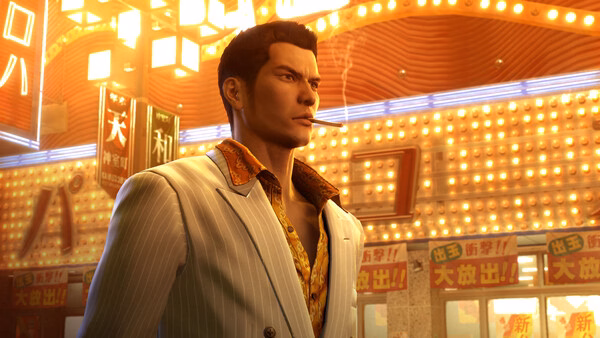 Yakuza 0 screenshot showing a man in a white suit smoking a cigarette in a neon-lit city street.