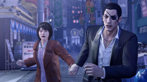 Yakuza 0 screenshot: a man with an eyepatch and a woman run hand-in-hand through a neon city street.