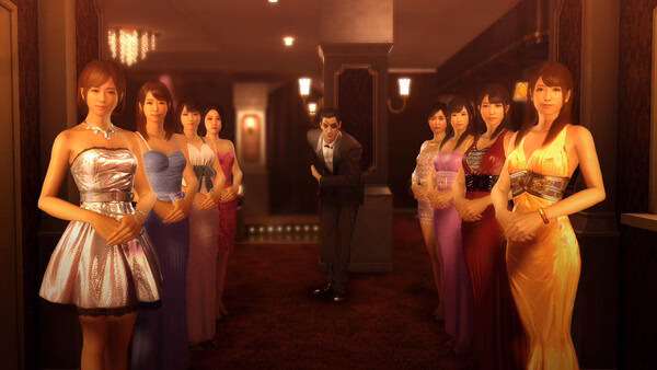 Yakuza 0 screenshot showing women in dresses lined up in a hallway with a man in a suit.