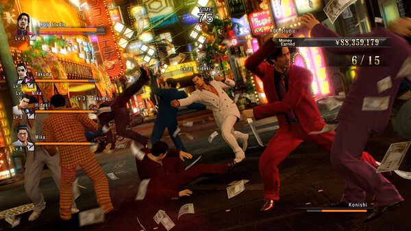 Yakuza 0 screenshot: suited men brawl on neon-lit street as cash flies through the air.