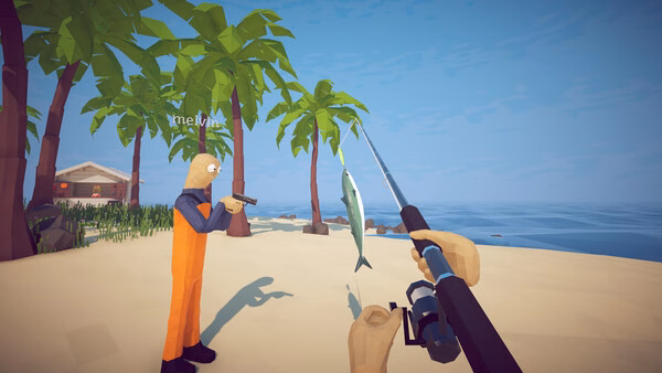 How to Fish screenshot: first-person view fishing, fish on line near character in orange on beach.