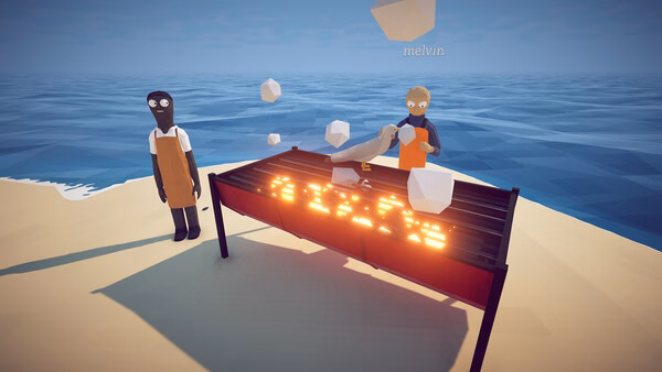 How to Fish screenshot: two characters stand by a beach grill with floating white cubes.