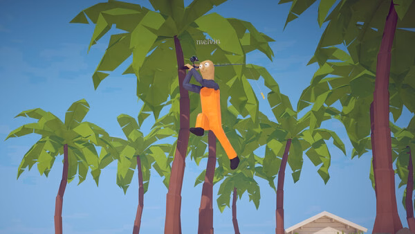 How to Fish game screenshot: a low-poly character climbing a palm tree with a rifle.