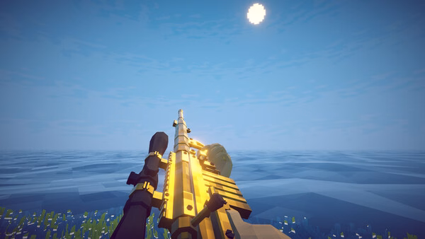 How to Fish screenshot: first-person view aiming a golden gun over a blue ocean under a bright sun.