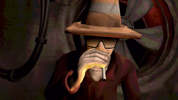 Machine Party screenshot showing a low-poly man in a striped hat and red coat smoking a cigarette.