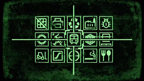 Machine Party screenshot showing green grid of industrial icons with central bus icon.