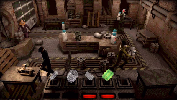 Machine Party screenshot showing a character in a dark workshop with conveyor belts