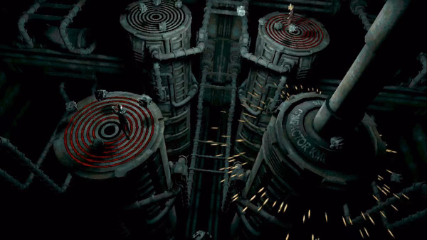 screenshot from Machine Party showing industrial towers with glowing red coils and sparks.