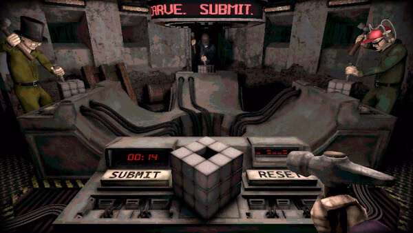 Machine Party screenshot showing first-person view of workers and a central puzzle cube in a factory.